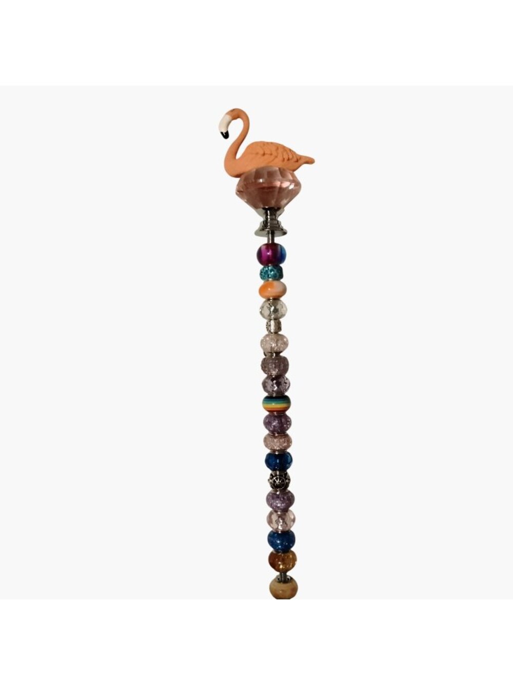 Pink Flamingo Planter Stake Fairy Garden Crystal Beads Cat Charm Handcrafted
